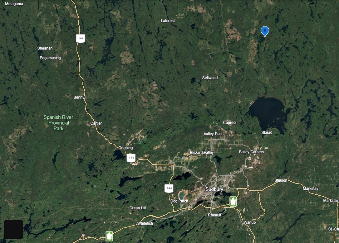 Paradise Lake in relation to Sudbury